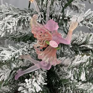 Christmas Tree Ornament-Pink Glittery Ballerina Fairy Holding Bird